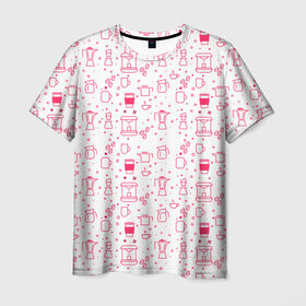 Мужская футболка 3D с принтом Coffee Lover в Кировске, 100% полиэфир | прямой крой, круглый вырез горловины, длина до линии бедер | бариста | белый фон | иконки | кофе | кофейня | красный | любитель кофе | паттерн