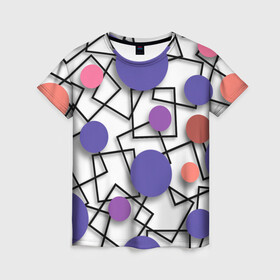 Женская футболка 3D с принтом Геометрический узор в Кировске, 100% полиэфир ( синтетическое хлопкоподобное полотно) | прямой крой, круглый вырез горловины, длина до линии бедер | 3д эффект | графика | квадраты | объемные фигуры | разноцветные круги