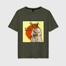 Женская футболка хлопок Oversize с принтом Съедобный самурай в Кировске, 100% хлопок | свободный крой, круглый ворот, спущенный рукав, длина до линии бедер
 | japan | katana | ramen | samurai | катана | лапша | рамен | самурай | япония