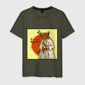 Мужская футболка хлопок с принтом Съедобный самурай в Кировске, 100% хлопок | прямой крой, круглый вырез горловины, длина до линии бедер, слегка спущенное плечо. | japan | katana | ramen | samurai | катана | лапша | рамен | самурай | япония