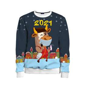 Детский свитшот 3D с принтом Коронавирусный Новый Год в Кировске, 100% полиэстер | свободная посадка, прямой крой, мягкая тканевая резинка на рукавах и понизу свитшота | Тематика изображения на принте: 2021 | 7 января | bull | newyear | santa | бык | быки | бычок | год быка | дед мороз | корова | новогодние каникулы | новогодние праздники | новый 2021 | новый год | новый год 2021 | рождество | сани | санта | санта клаус