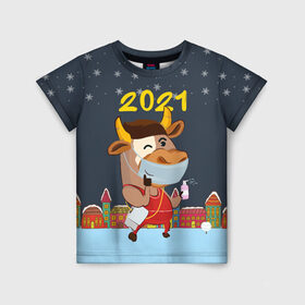 Детская футболка 3D с принтом Коронавирусный Новый Год в Кировске, 100% гипоаллергенный полиэфир | прямой крой, круглый вырез горловины, длина до линии бедер, чуть спущенное плечо, ткань немного тянется | 2021 | 7 января | bull | newyear | santa | бык | быки | бычок | год быка | дед мороз | корова | новогодние каникулы | новогодние праздники | новый 2021 | новый год | новый год 2021 | рождество | сани | санта | санта клаус