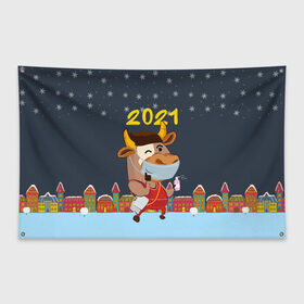 Флаг-баннер с принтом Коронавирусный Новый Год в Кировске, 100% полиэстер | размер 67 х 109 см, плотность ткани — 95 г/м2; по краям флага есть четыре люверса для крепления | 2021 | 7 января | bull | newyear | santa | бык | быки | бычок | год быка | дед мороз | корова | новогодние каникулы | новогодние праздники | новый 2021 | новый год | новый год 2021 | рождество | сани | санта | санта клаус