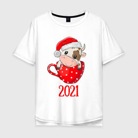 Мужская футболка хлопок Oversize с принтом Милый новогодний бычок 2021 в Кировске, 100% хлопок | свободный крой, круглый ворот, “спинка” длиннее передней части | 2021 | 7 января | bull | newyear | santa | бык | быки | бычок | год быка | дед мороз | корова | новогодние каникулы | новогодние праздники | новый 2021 | новый год | новый год 2021 | рождество | сани | санта | санта клаус