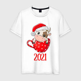 Мужская футболка хлопок с принтом Милый новогодний бычок 2021 в Кировске, 100% хлопок | прямой крой, круглый вырез горловины, длина до линии бедер, слегка спущенное плечо. | 2021 | 7 января | bull | newyear | santa | бык | быки | бычок | год быка | дед мороз | корова | новогодние каникулы | новогодние праздники | новый 2021 | новый год | новый год 2021 | рождество | сани | санта | санта клаус