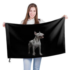 Флаг 3D с принтом Bully в Кировске, 100% полиэстер | плотность ткани — 95 г/м2, размер — 67 х 109 см. Принт наносится с одной стороны | bull terrier | dog | ears | eyes | fangs | jaw | muzzle | paws | saliva | tongue | бультерьер | глаза | клыки | лапы | нос | пасть | слюна | собака | уши | язык