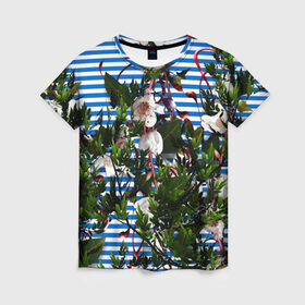 Женская футболка 3D с принтом цветы в Кировске, 100% полиэфир ( синтетическое хлопкоподобное полотно) | прямой крой, круглый вырез горловины, длина до линии бедер | девушкам | листочки | полоса | природа | цветы