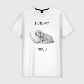 Мужская футболка хлопок Slim с принтом Monday Mood в Кировске, 92% хлопок, 8% лайкра | приталенный силуэт, круглый вырез ворота, длина до линии бедра, короткий рукав | Тематика изображения на принте: dream | monday | mood | rabbit | sleep | заяц | кролик | понедельник | работа | сон | спать
