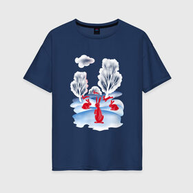 Женская футболка хлопок Oversize с принтом КРАСНЫЕ ЗАЙЦЫ в Кировске, 100% хлопок | свободный крой, круглый ворот, спущенный рукав, длина до линии бедер
 | для детей | зайцы | зайчики | зима | красный | пейзаж