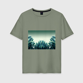 Женская футболка хлопок Oversize с принтом акварельный лес градиент в Кировске, 100% хлопок | свободный крой, круглый ворот, спущенный рукав, длина до линии бедер
 | акварель | горы | деревья | дымка | ели | лес | нрадиент | олень | отражение | природа | рисунок | силуэты