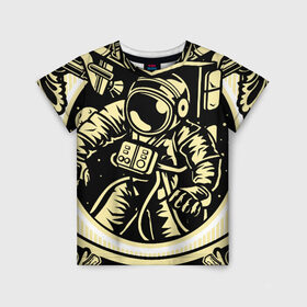 Детская футболка 3D с принтом Космонавт освоение космоса в Кировске, 100% гипоаллергенный полиэфир | прямой крой, круглый вырез горловины, длина до линии бедер, чуть спущенное плечо, ткань немного тянется | astronaut | outerspace | астронавт | буквы | в космосе | гитара | дата | космический корабль | космическое пространство | космонавт | космос | скафандр | слова | узоры | фразы | цифры | шаттл