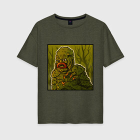 Женская футболка хлопок Oversize с принтом Swamp monster в Кировске, 100% хлопок | свободный крой, круглый ворот, спущенный рукав, длина до линии бедер
 | art | monster | monstr | pop art | арт | болотное чудовище | болото | монстр | поп арт | чудище | чудовище | шрек