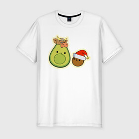 Мужская футболка хлопок Slim с принтом Авокадо встречают год Быка в Кировске, 92% хлопок, 8% лайкра | приталенный силуэт, круглый вырез ворота, длина до линии бедра, короткий рукав | 2021 | авокадо | авокадо бык | авокадо дед мороз | авокадо мама и малыш | авокадо новогодний | авокадо новый год | авокадо семья | бык костюм | год быка | год быка авокадо | дед мороз