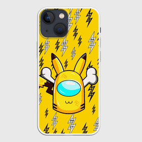 Чехол для iPhone 13 mini с принтом AMONG US PIKACHU в Кировске,  |  | Тематика изображения на принте: among us игра | among us на пк | there is 1 impostor | there is impostor among us | предатель среди нас | разноцветные космонавты.