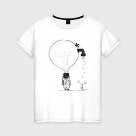 Женская футболка хлопок с принтом Absurd 4 в Кировске, 100% хлопок | прямой крой, круглый вырез горловины, длина до линии бедер, слегка спущенное плечо | абстрактный | вода | голова | идея | иллюстрация | лампочка | мысли | растение | рисунок | росток | человечек | черно белый