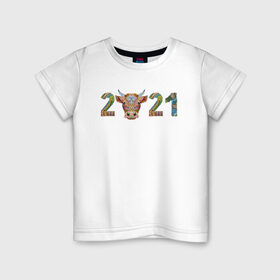 Детская футболка хлопок с принтом Год быка 2021 в Кировске, 100% хлопок | круглый вырез горловины, полуприлегающий силуэт, длина до линии бедер | 2021 | 7 января | bull | newyear | santa | бык | быки | бычок | год быка | дед мороз | корова | новогодние каникулы | новогодние праздники | новый 2021 | новый год | новый год 2021 | рождество | сани | санта | санта клаус