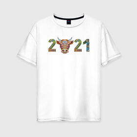 Женская футболка хлопок Oversize с принтом Год быка 2021 в Кировске, 100% хлопок | свободный крой, круглый ворот, спущенный рукав, длина до линии бедер
 | 2021 | 7 января | bull | newyear | santa | бык | быки | бычок | год быка | дед мороз | корова | новогодние каникулы | новогодние праздники | новый 2021 | новый год | новый год 2021 | рождество | сани | санта | санта клаус