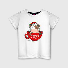 Детская футболка хлопок с принтом Милый бычок 2021 в Кировске, 100% хлопок | круглый вырез горловины, полуприлегающий силуэт, длина до линии бедер | 2021 | 7 января | bull | newyear | santa | бык | быки | бычок | год быка | дед мороз | корова | новогодние каникулы | новогодние праздники | новый 2021 | новый год | новый год 2021 | рождество | сани | санта | санта клаус