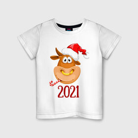 Детская футболка хлопок с принтом Веселый бык 2021 в Кировске, 100% хлопок | круглый вырез горловины, полуприлегающий силуэт, длина до линии бедер | Тематика изображения на принте: 2021 | 7 января | bull | newyear | santa | бык | быки | бычок | год быка | дед мороз | корова | новогодние каникулы | новогодние праздники | новый 2021 | новый год | новый год 2021 | рождество | сани | санта | санта клаус