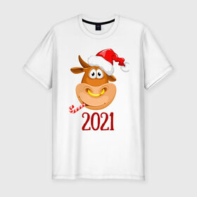 Мужская футболка хлопок Slim с принтом Веселый бык 2021 в Кировске, 92% хлопок, 8% лайкра | приталенный силуэт, круглый вырез ворота, длина до линии бедра, короткий рукав | 2021 | 7 января | bull | newyear | santa | бык | быки | бычок | год быка | дед мороз | корова | новогодние каникулы | новогодние праздники | новый 2021 | новый год | новый год 2021 | рождество | сани | санта | санта клаус