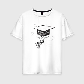 Женская футболка хлопок Oversize с принтом Absurd 7 в Кировске, 100% хлопок | свободный крой, круглый ворот, спущенный рукав, длина до линии бедер
 | выпускник | графика | иллюстрация | кисточка | облака | полет | рисунок | треуголка | ученик | человечек | черно белый