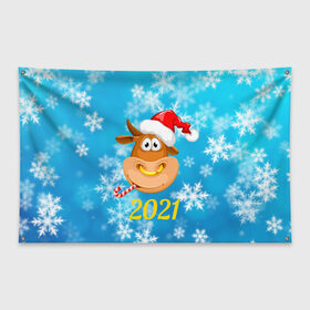 Флаг-баннер с принтом Год быка 2021 в Кировске, 100% полиэстер | размер 67 х 109 см, плотность ткани — 95 г/м2; по краям флага есть четыре люверса для крепления | 2021 | 7 января | bull | newyear | santa | бык | быки | бычок | год быка | дед мороз | корова | новогодние каникулы | новогодние праздники | новый 2021 | новый год | новый год 2021 | рождество | сани | санта | санта клаус