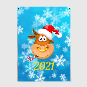 Постер с принтом Год быка 2021 в Кировске, 100% бумага
 | бумага, плотность 150 мг. Матовая, но за счет высокого коэффициента гладкости имеет небольшой блеск и дает на свету блики, но в отличии от глянцевой бумаги не покрыта лаком | 2021 | 7 января | bull | newyear | santa | бык | быки | бычок | год быка | дед мороз | корова | новогодние каникулы | новогодние праздники | новый 2021 | новый год | новый год 2021 | рождество | сани | санта | санта клаус