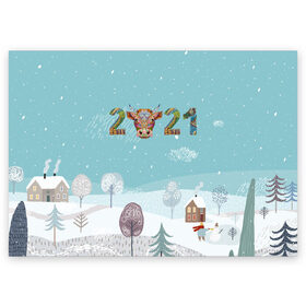 Поздравительная открытка с принтом Год быка 2021 в Кировске, 100% бумага | плотность бумаги 280 г/м2, матовая, на обратной стороне линовка и место для марки
 | 2021 | 7 января | bull | newyear | santa | бык | быки | бычок | год быка | дед мороз | корова | новогодние каникулы | новогодние праздники | новый 2021 | новый год | новый год 2021 | рождество | сани | санта | санта клаус