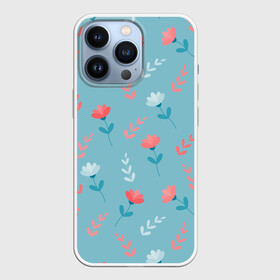 Чехол для iPhone 13 Pro с принтом Цветочки и листики на голубом в Кировске,  |  | 8 марта | весна | день рождения | коралловый | лето | листики | паттерн | праздник | узор | цветочки