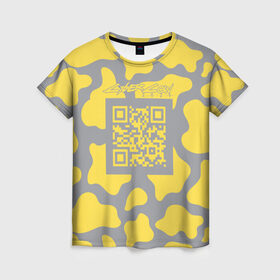 Женская футболка 3D с принтом CyberCow 2021 в Кировске, 100% полиэфир ( синтетическое хлопкоподобное полотно) | прямой крой, круглый вырез горловины, длина до линии бедер | cyberpunk | cyberrussia | illuminating | pantone | qr code | ultimate grey | безупречный | бык | желтый | киберкорова | корова | новый год | освещающий | пятна | серый