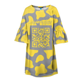 Детское платье 3D с принтом CyberCow 2021 в Кировске, 100% полиэстер | прямой силуэт, чуть расширенный к низу. Круглая горловина, на рукавах — воланы | cyberpunk | cyberrussia | illuminating | pantone | qr code | ultimate grey | безупречный | бык | желтый | киберкорова | корова | новый год | освещающий | пятна | серый