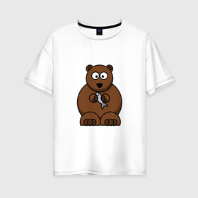 Женская футболка хлопок Oversize с принтом медведь с рыбой в Кировске, 100% хлопок | свободный крой, круглый ворот, спущенный рукав, длина до линии бедер
 | гризли | детские | живая | животные | звери | картинки | медведь | мультфильмы | популярные | прикольные | природа | рыба | тренды | хищники