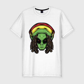 Мужская футболка хлопок Slim с принтом Reggae alien в Кировске, 92% хлопок, 8% лайкра | приталенный силуэт, круглый вырез ворота, длина до линии бедра, короткий рукав | alien | волосы | инопланетянин | кепка | нло | пришелец | растаман | регги | хипстер | шляпа