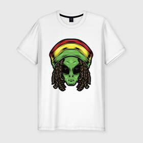 Мужская футболка хлопок Slim с принтом Reggae alien в Кировске, 92% хлопок, 8% лайкра | приталенный силуэт, круглый вырез ворота, длина до линии бедра, короткий рукав | Тематика изображения на принте: alien | волосы | инопланетянин | кепка | нло | пришелец | растаман | регги | хипстер | шляпа