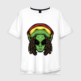 Мужская футболка хлопок Oversize с принтом Reggae alien в Кировске, 100% хлопок | свободный крой, круглый ворот, “спинка” длиннее передней части | alien | волосы | инопланетянин | кепка | нло | пришелец | растаман | регги | хипстер | шляпа