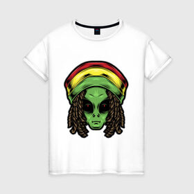 Женская футболка хлопок с принтом Reggae alien в Кировске, 100% хлопок | прямой крой, круглый вырез горловины, длина до линии бедер, слегка спущенное плечо | alien | волосы | инопланетянин | кепка | нло | пришелец | растаман | регги | хипстер | шляпа