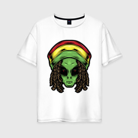 Женская футболка хлопок Oversize с принтом Reggae alien в Кировске, 100% хлопок | свободный крой, круглый ворот, спущенный рукав, длина до линии бедер
 | alien | волосы | инопланетянин | кепка | нло | пришелец | растаман | регги | хипстер | шляпа