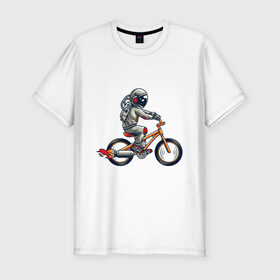 Мужская футболка хлопок Slim с принтом Астронавт на велосипеде в Кировске, 92% хлопок, 8% лайкра | приталенный силуэт, круглый вырез ворота, длина до линии бедра, короткий рукав | астронавт | велосипед | космонавт | космос | костюм | ракеты | скафандр | хипстер | шлем