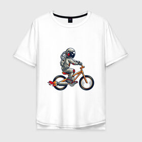 Мужская футболка хлопок Oversize с принтом Астронавт на велосипеде в Кировске, 100% хлопок | свободный крой, круглый ворот, “спинка” длиннее передней части | Тематика изображения на принте: астронавт | велосипед | космонавт | космос | костюм | ракеты | скафандр | хипстер | шлем