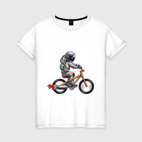 Женская футболка хлопок с принтом Астронавт на велосипеде в Кировске, 100% хлопок | прямой крой, круглый вырез горловины, длина до линии бедер, слегка спущенное плечо | астронавт | велосипед | космонавт | космос | костюм | ракеты | скафандр | хипстер | шлем
