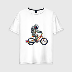 Женская футболка хлопок Oversize с принтом Астронавт на велосипеде в Кировске, 100% хлопок | свободный крой, круглый ворот, спущенный рукав, длина до линии бедер
 | астронавт | велосипед | космонавт | космос | костюм | ракеты | скафандр | хипстер | шлем