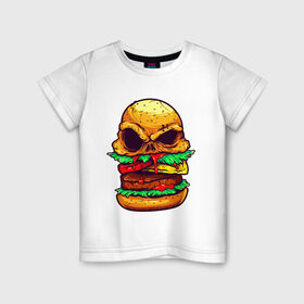 Детская футболка хлопок с принтом Голодный бургер в Кировске, 100% хлопок | круглый вырез горловины, полуприлегающий силуэт, длина до линии бедер | Тематика изображения на принте: бургер | бутерброд | голодный | кровь | мясо | хипстер | череп