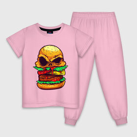Детская пижама хлопок с принтом Голодный бургер в Кировске, 100% хлопок |  брюки и футболка прямого кроя, без карманов, на брюках мягкая резинка на поясе и по низу штанин
 | Тематика изображения на принте: бургер | бутерброд | голодный | кровь | мясо | хипстер | череп