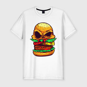 Мужская футболка хлопок Slim с принтом Голодный бургер в Кировске, 92% хлопок, 8% лайкра | приталенный силуэт, круглый вырез ворота, длина до линии бедра, короткий рукав | бургер | бутерброд | голодный | кровь | мясо | хипстер | череп
