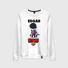 Женский свитшот хлопок с принтом BRAWL STARS EDGAR. в Кировске, 100% хлопок | прямой крой, круглый вырез, на манжетах и по низу широкая трикотажная резинка  | 8 bit | brawl stars | byron | colette | crow | edgar | gale | leon | max | mr.p | sally leon | shark | virus 8 bit | werewolf leon | акула | байрон | берли | бравл старс | ворон | коллет | макс | оборотень | эдгар