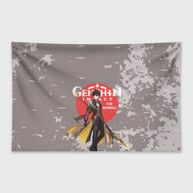 Флаг-баннер с принтом Genshin Impact - Zhongli в Кировске, 100% полиэстер | размер 67 х 109 см, плотность ткани — 95 г/м2; по краям флага есть четыре люверса для крепления | anime | game | genshin impact | rpg | zhongli | аниме | геншин импакт | игра | персонаж | рпг | чжун ли