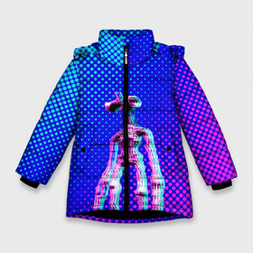 Зимняя куртка для девочек 3D с принтом Siren Head - Helloween в Кировске, ткань верха — 100% полиэстер; подклад — 100% полиэстер, утеплитель — 100% полиэстер. | длина ниже бедра, удлиненная спинка, воротник стойка и отстегивающийся капюшон. Есть боковые карманы с листочкой на кнопках, утяжки по низу изделия и внутренний карман на молнии. 

Предусмотрены светоотражающий принт на спинке, радужный светоотражающий элемент на пуллере молнии и на резинке для утяжки. | Тематика изображения на принте: glitch | glitch siren head | rgb | siren head | sirena | глитч | глич | ретро | сирейноголовый | сирена | сиреноголовый