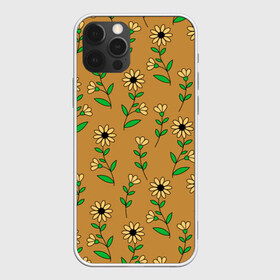 Чехол для iPhone 12 Pro Max с принтом Цветочки на темно желтом фоне в Кировске, Силикон |  | Тематика изображения на принте: 8 марта | весна | день рождения | желтый | зеленый | лето | листья | орнамент | паттерн | праздник | природа | растения | узор | цветы | черный