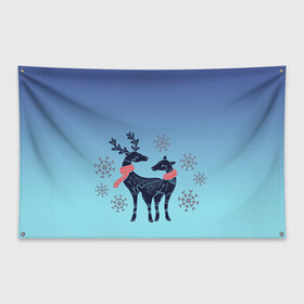 Флаг-баннер с принтом пара оленей снежинки зима в Кировске, 100% полиэстер | размер 67 х 109 см, плотность ткани — 95 г/м2; по краям флага есть четыре люверса для крепления | арт | градиент | зверь | зима | зимний | мультяшный | новый год | олененок | олень | орнамент | пара | праздник | рисунок | рога | рожки | символ | снежинки | узор