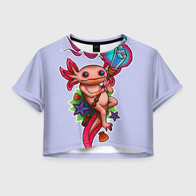 Женская футболка Crop-top 3D с принтом Магический аксолотль в Кировске, 100% полиэстер | круглая горловина, длина футболки до линии талии, рукава с отворотами | аксолотль | жезл | кристал | магия | посох